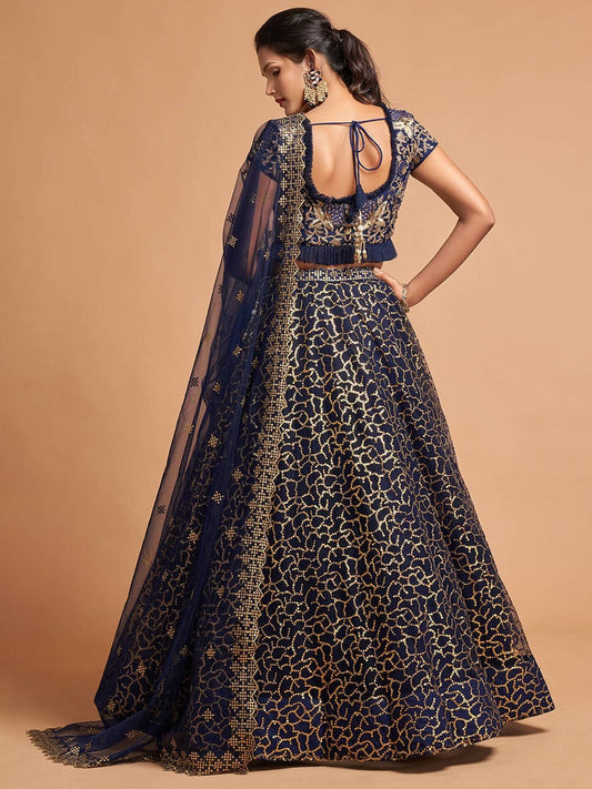 Navy Blue & Gold-Toned Embroidered Kalamkari Semi-Stitched Lehenga &amp; Unstitched Blouse With Dupatta