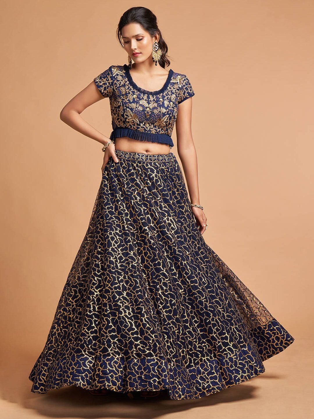 Navy Blue & Gold-Toned Embroidered Kalamkari Semi-Stitched Lehenga &amp; Unstitched Blouse With Dupatta