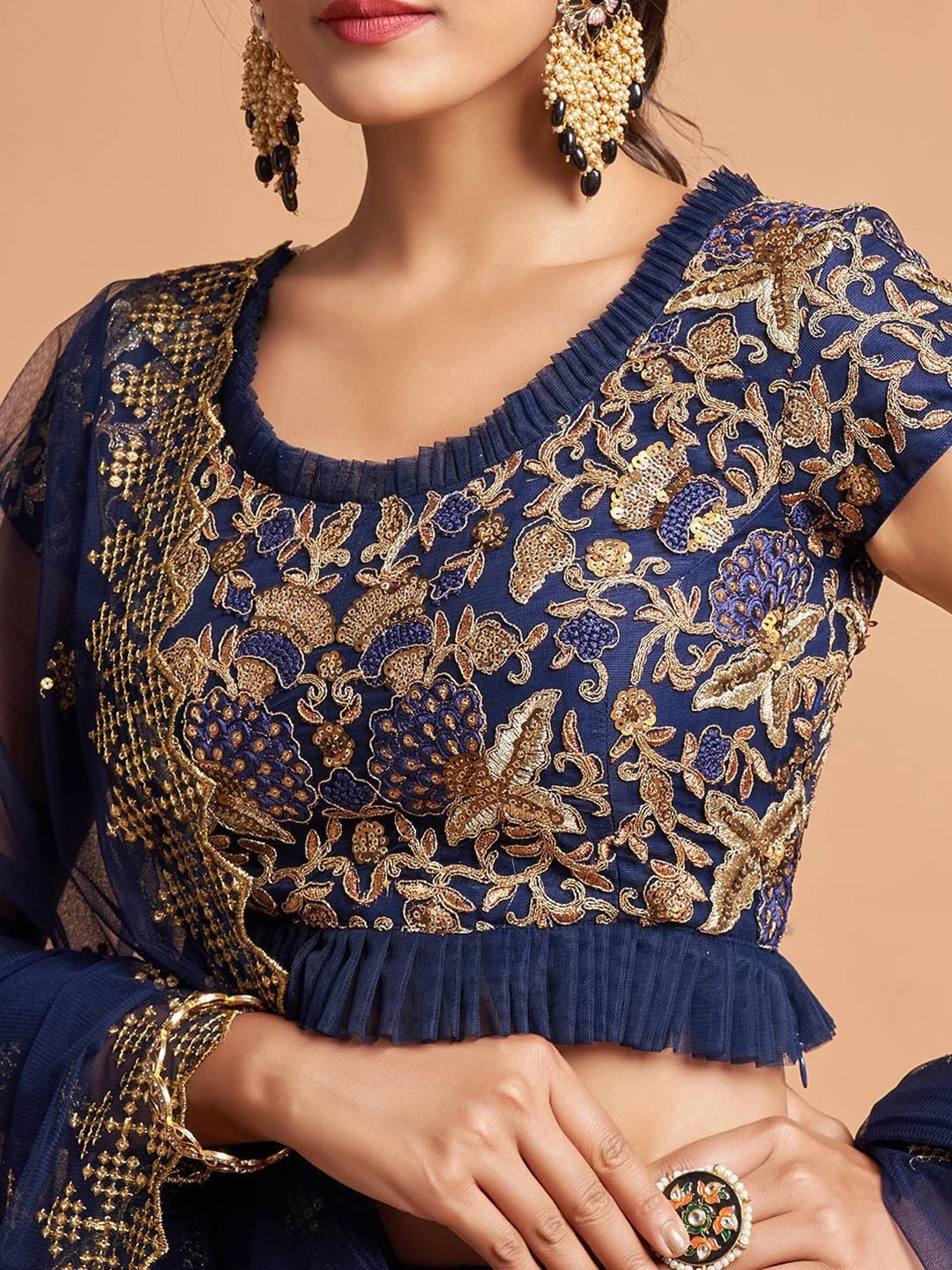 Navy Blue & Gold-Toned Embroidered Kalamkari Semi-Stitched Lehenga &amp; Unstitched Blouse With Dupatta