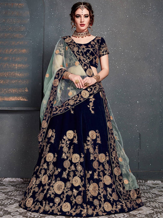 Navy Blue & Gold-Toned Embroidered Semi-Stitched Lehenga &amp; Unstitched Blouse With Dupatta