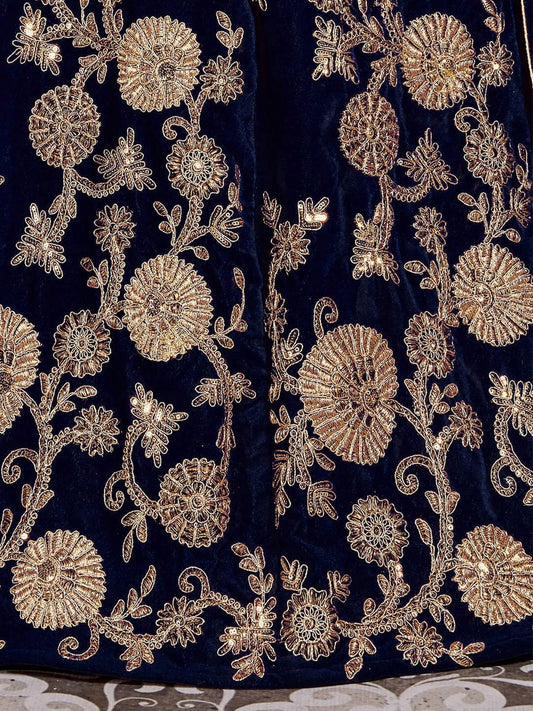 Navy Blue & Gold-Toned Embroidered Semi-Stitched Lehenga &amp; Unstitched Blouse With Dupatta
