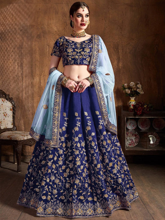 Navy Blue & Gold-Toned Embroidered Thread Work Semi-Stitched Lehenga &amp; Unstitched Blouse With