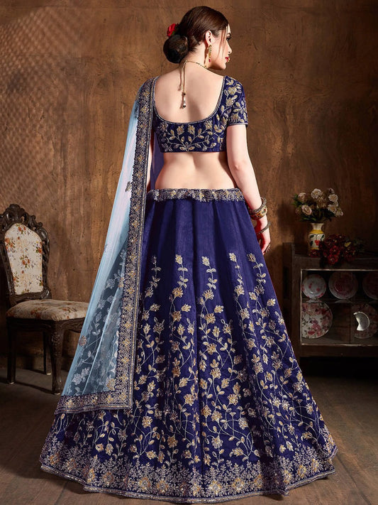 Navy Blue & Gold-Toned Embroidered Thread Work Semi-Stitched Lehenga &amp; Unstitched Blouse With