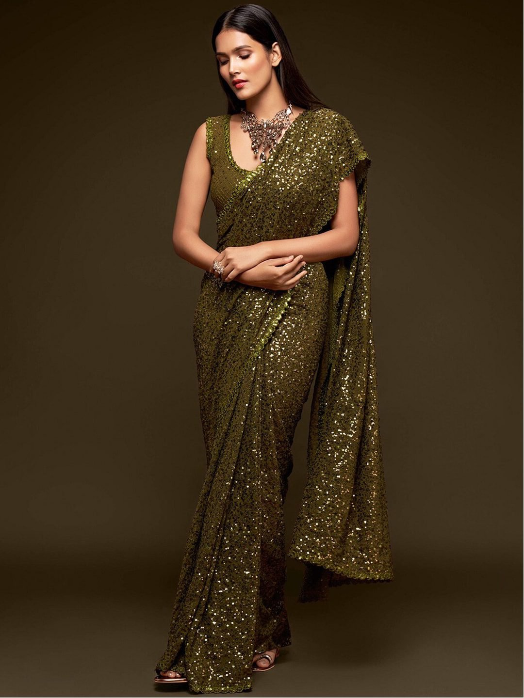 Olive Green Fully Sequined Georgette Party Wear Saree