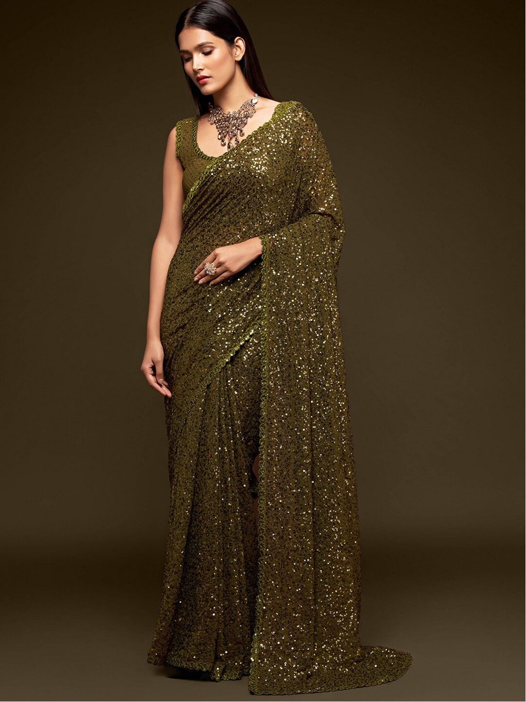 Olive Green Fully Sequined Georgette Party Wear Saree