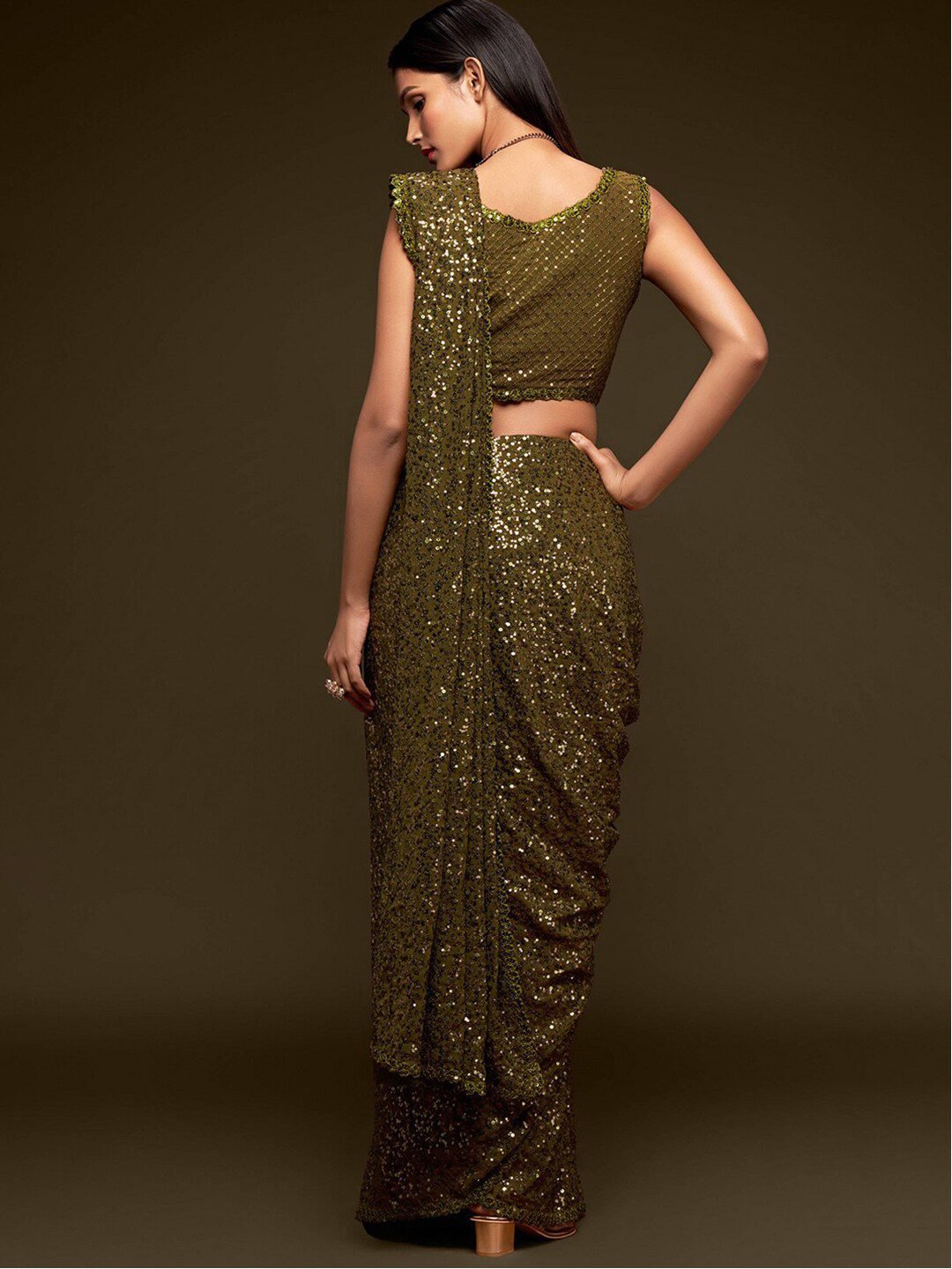 Olive Green Fully Sequined Georgette Party Wear Saree