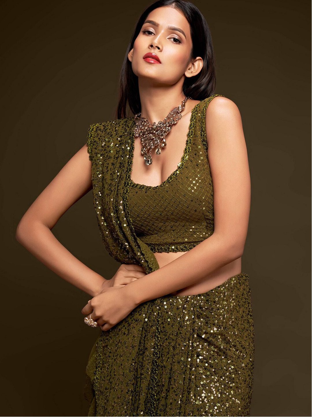 Olive Green Fully Sequined Georgette Party Wear Saree
