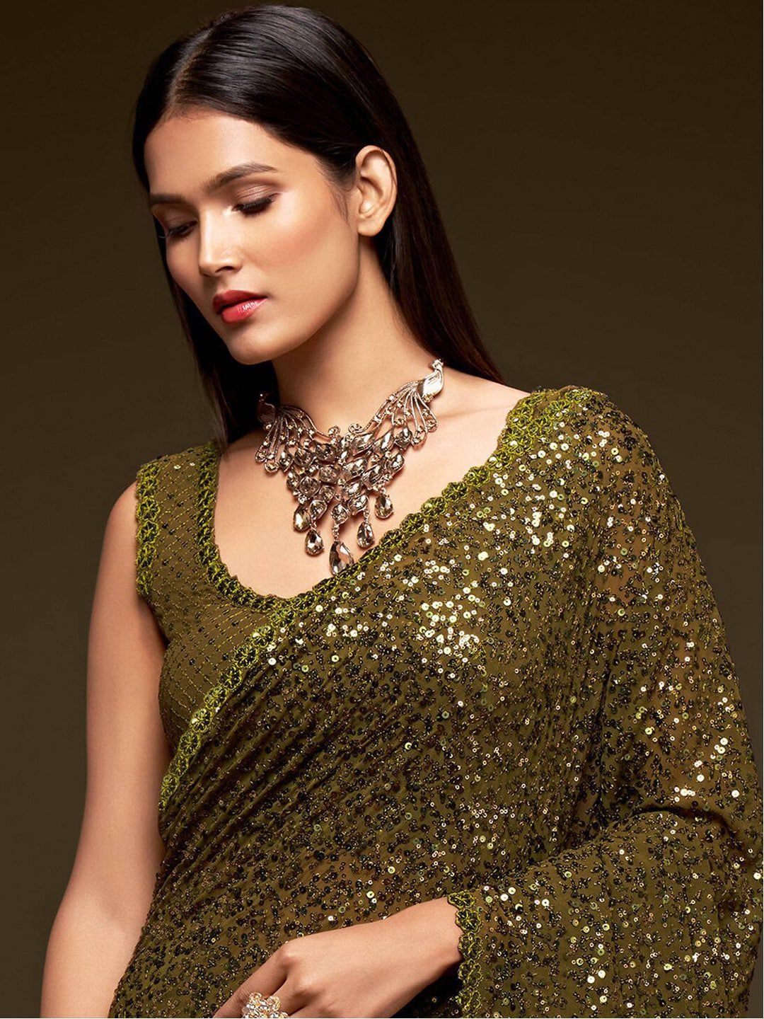 Olive Green Fully Sequined Georgette Party Wear Saree