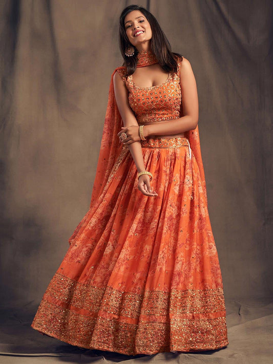 Orange & Gold Embroidered Shibori Lehenga with Unstitched Blouse
