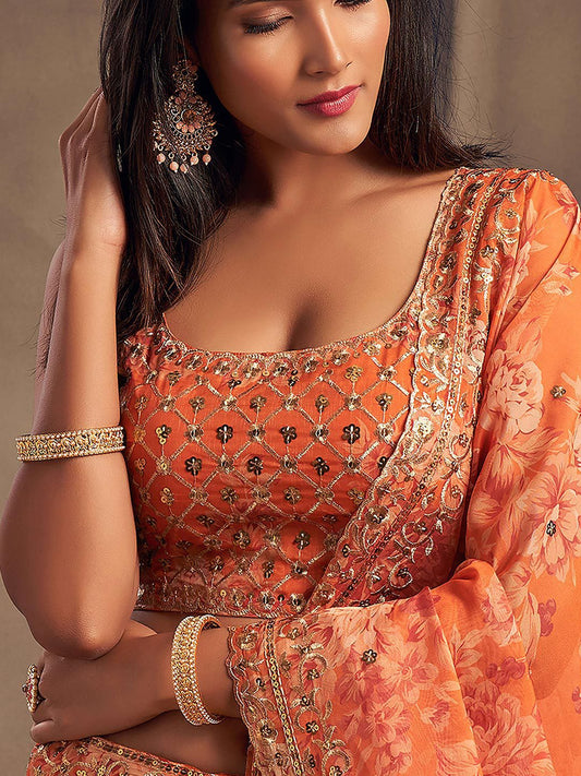 Orange & Gold Embroidered Shibori Lehenga with Unstitched Blouse