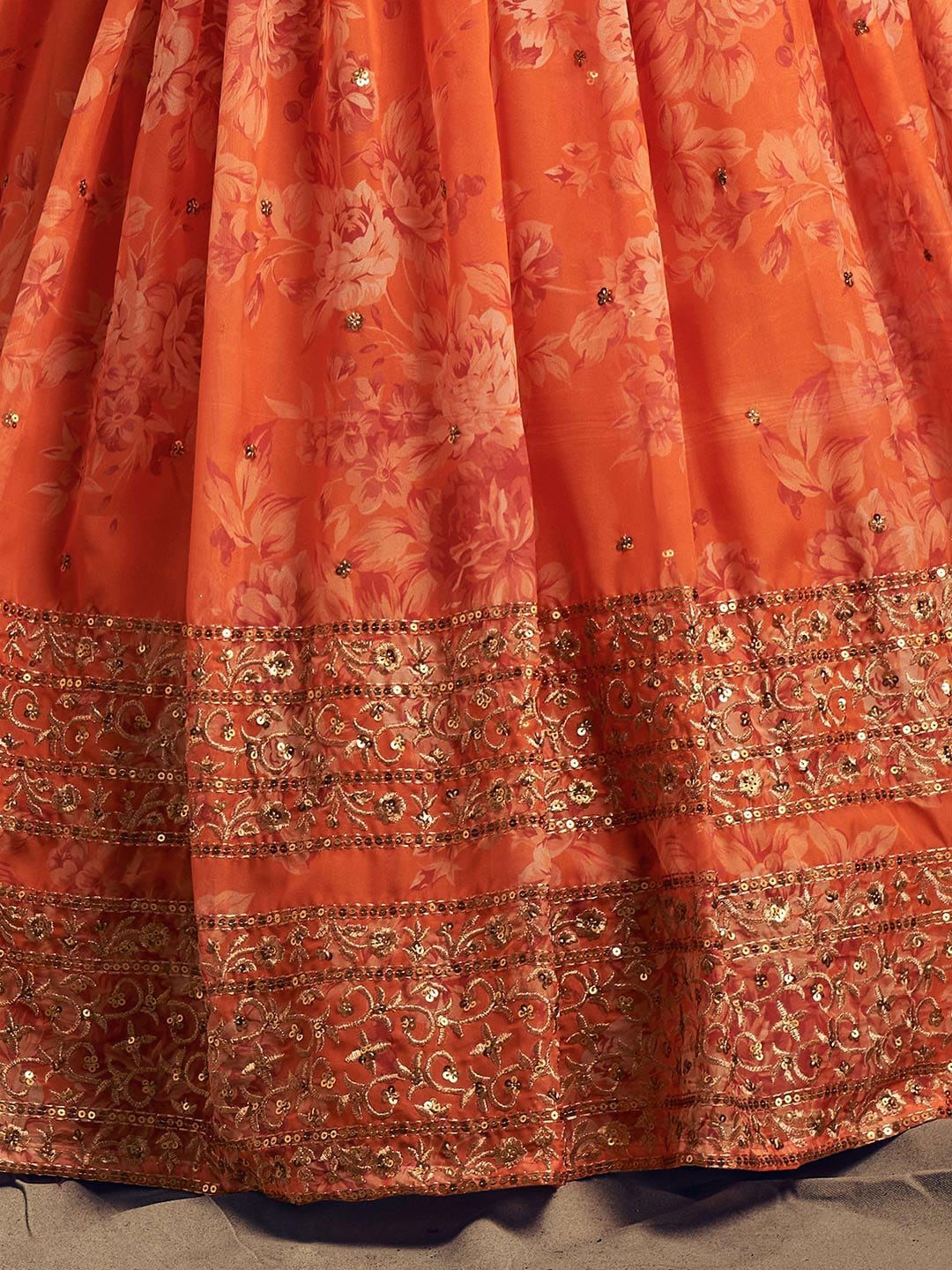 Orange & Gold Embroidered Shibori Lehenga with Unstitched Blouse
