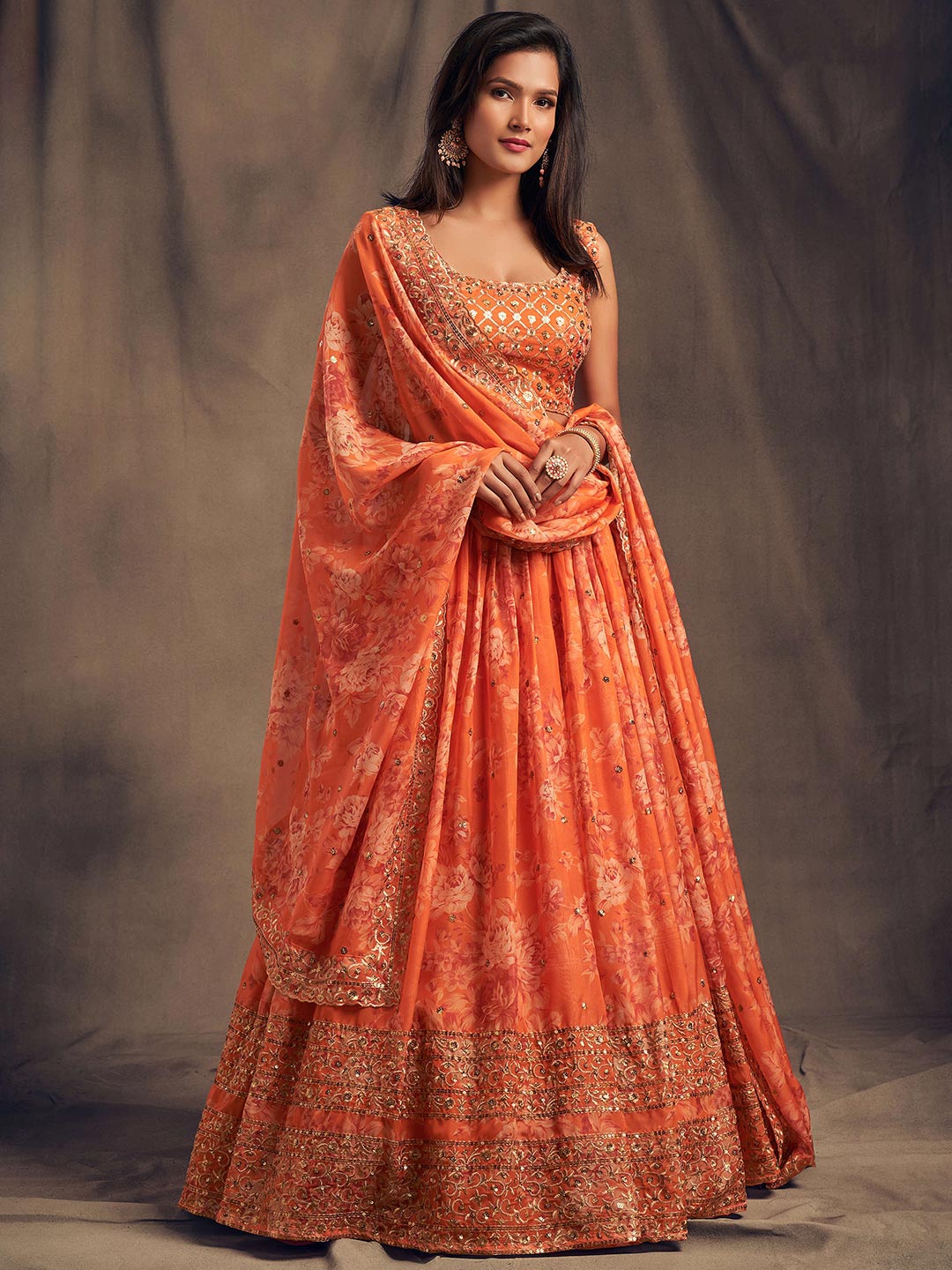 Orange & Gold Embroidered Shibori Lehenga with Unstitched Blouse