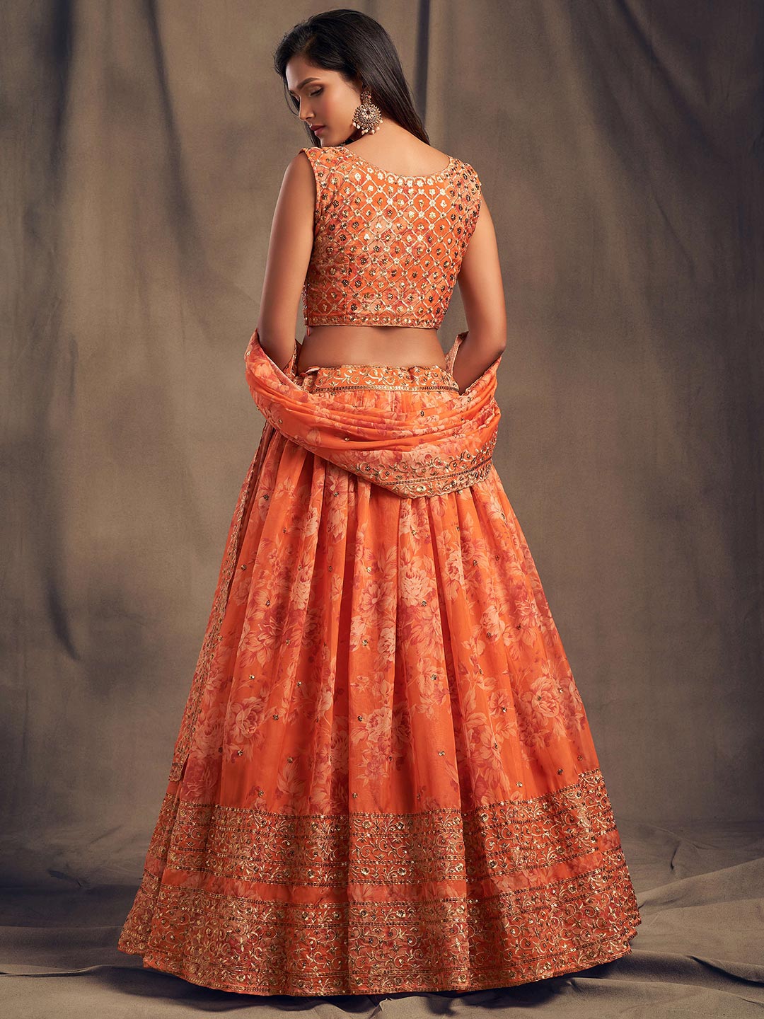 Orange & Gold Embroidered Shibori Lehenga with Unstitched Blouse