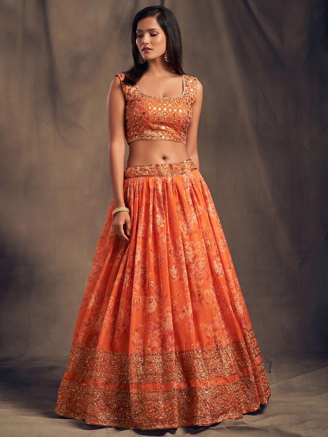 Orange & Gold Embroidered Shibori Lehenga with Unstitched Blouse
