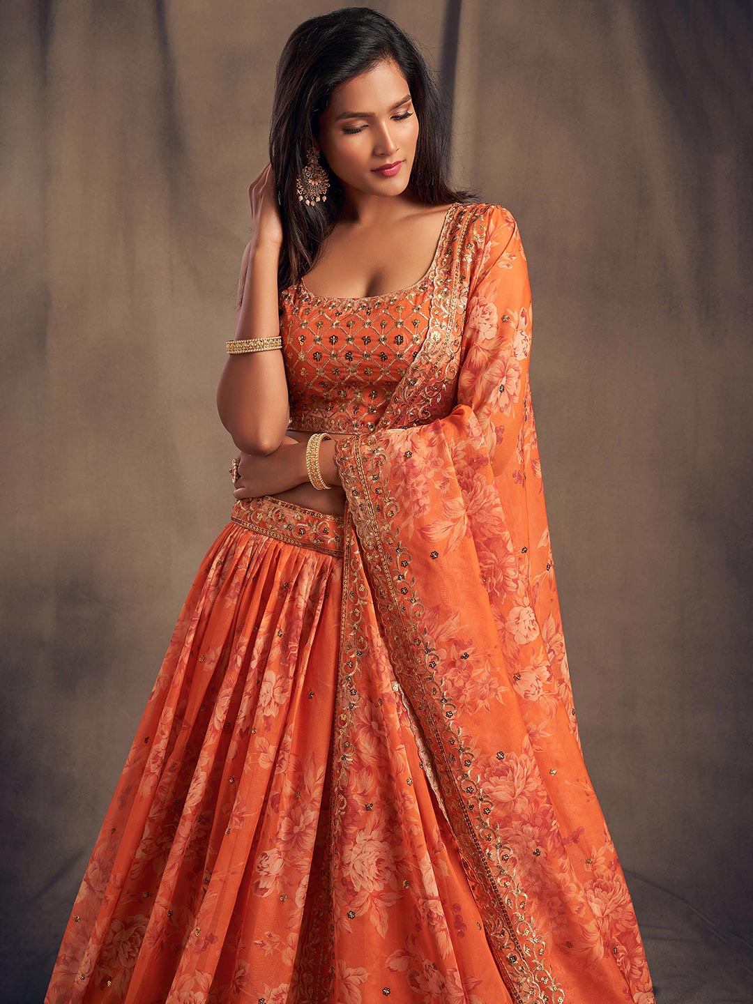 Orange & Gold Embroidered Shibori Lehenga with Unstitched Blouse