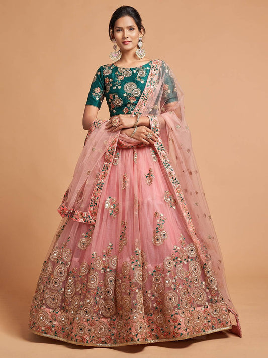 Peach-Coloured & Green Embroidered Mirror Work Kalamkari Semi-Stitched Lehenga &amp; Unstitched Blouse