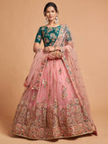 Peach-Coloured & Green Embroidered Mirror Work Kalamkari Semi-Stitched Lehenga &amp; Unstitched Blouse