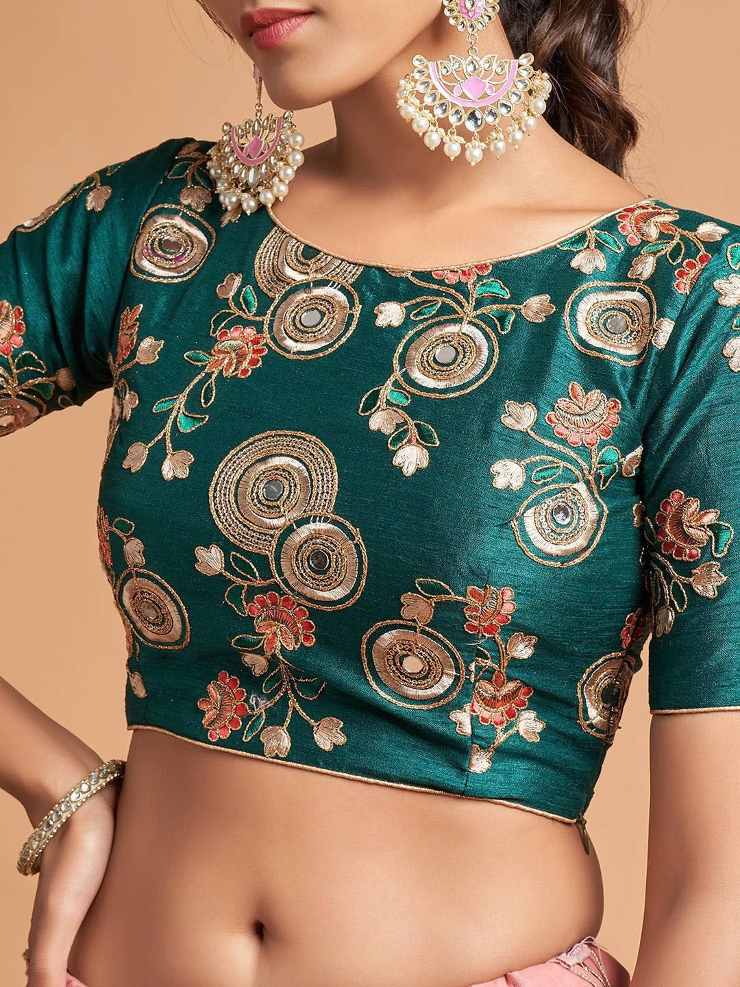 Peach-Coloured & Green Embroidered Mirror Work Kalamkari Semi-Stitched Lehenga &amp; Unstitched Blouse