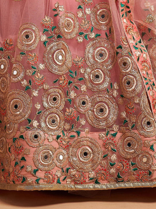 Peach-Coloured & Green Embroidered Mirror Work Kalamkari Semi-Stitched Lehenga &amp; Unstitched Blouse