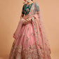 Peach-Coloured & Green Embroidered Mirror Work Kalamkari Semi-Stitched Lehenga &amp; Unstitched Blouse