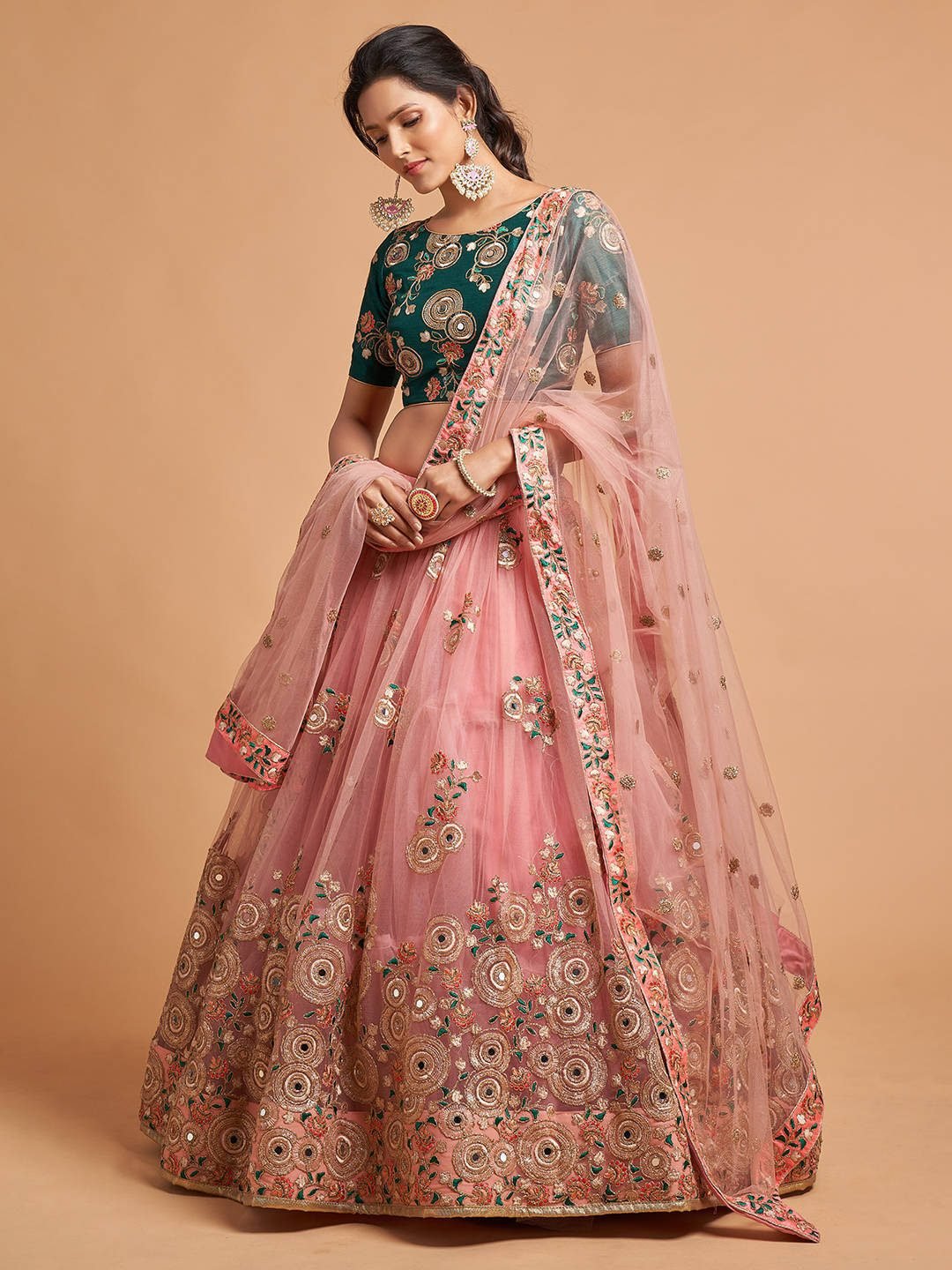 Peach-Coloured & Green Embroidered Mirror Work Kalamkari Semi-Stitched Lehenga &amp; Unstitched Blouse