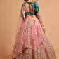 Peach-Coloured & Green Embroidered Mirror Work Kalamkari Semi-Stitched Lehenga &amp; Unstitched Blouse