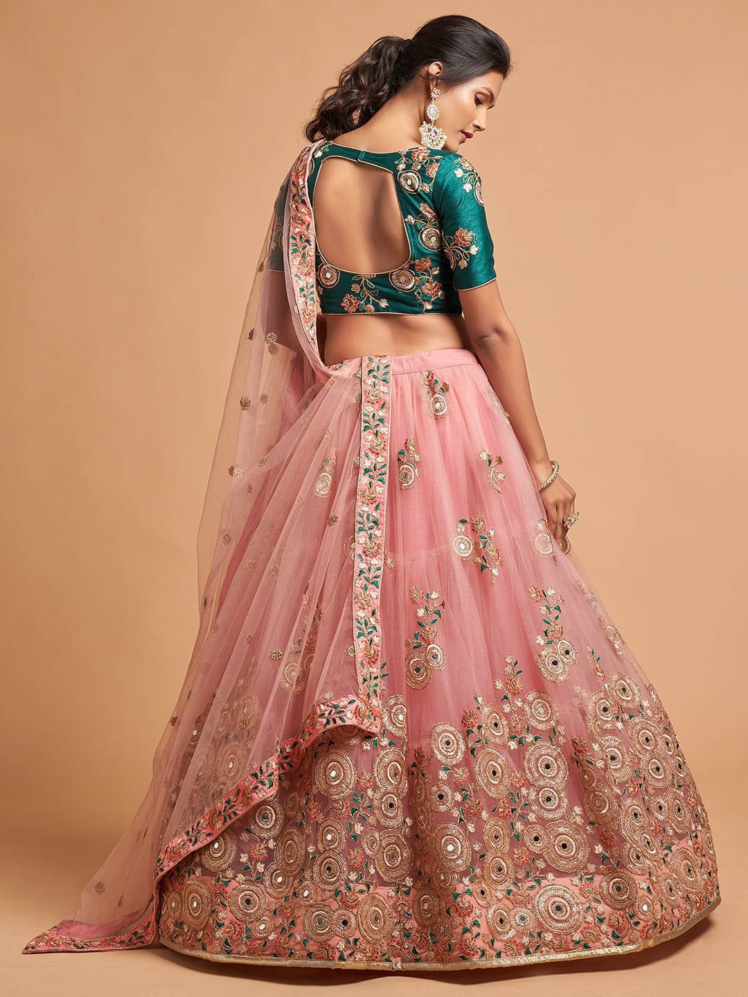 Peach-Coloured & Green Embroidered Mirror Work Kalamkari Semi-Stitched Lehenga &amp; Unstitched Blouse
