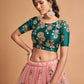 Peach-Coloured & Green Embroidered Mirror Work Kalamkari Semi-Stitched Lehenga &amp; Unstitched Blouse