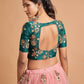 Peach-Coloured & Green Embroidered Mirror Work Kalamkari Semi-Stitched Lehenga &amp; Unstitched Blouse