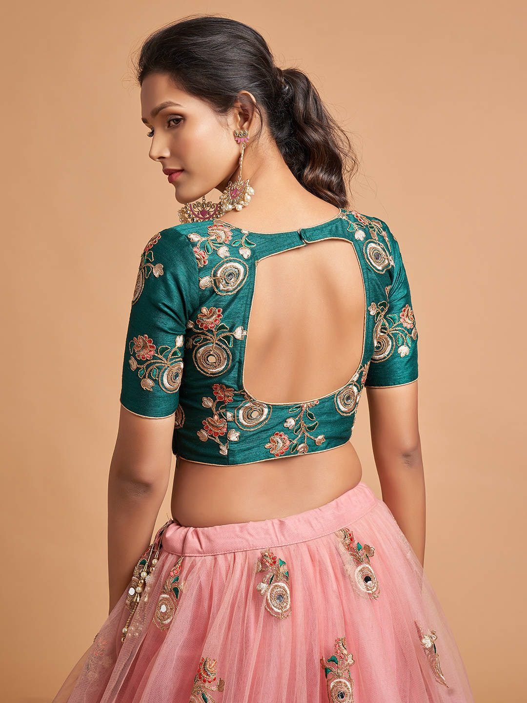 Peach-Coloured & Green Embroidered Mirror Work Kalamkari Semi-Stitched Lehenga &amp; Unstitched Blouse