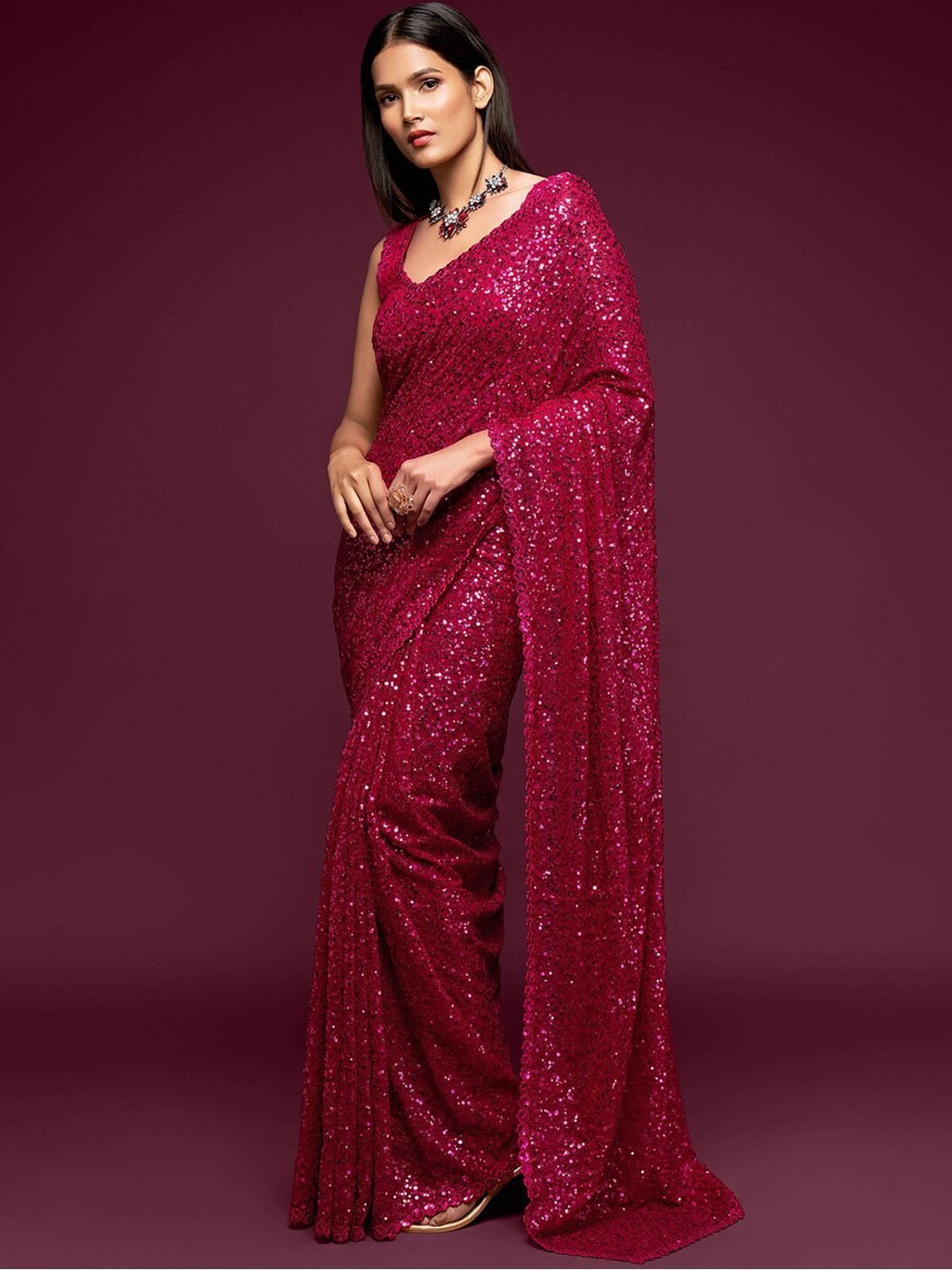 Hot Pink Fully Sequined Georgette Party Wear Saree