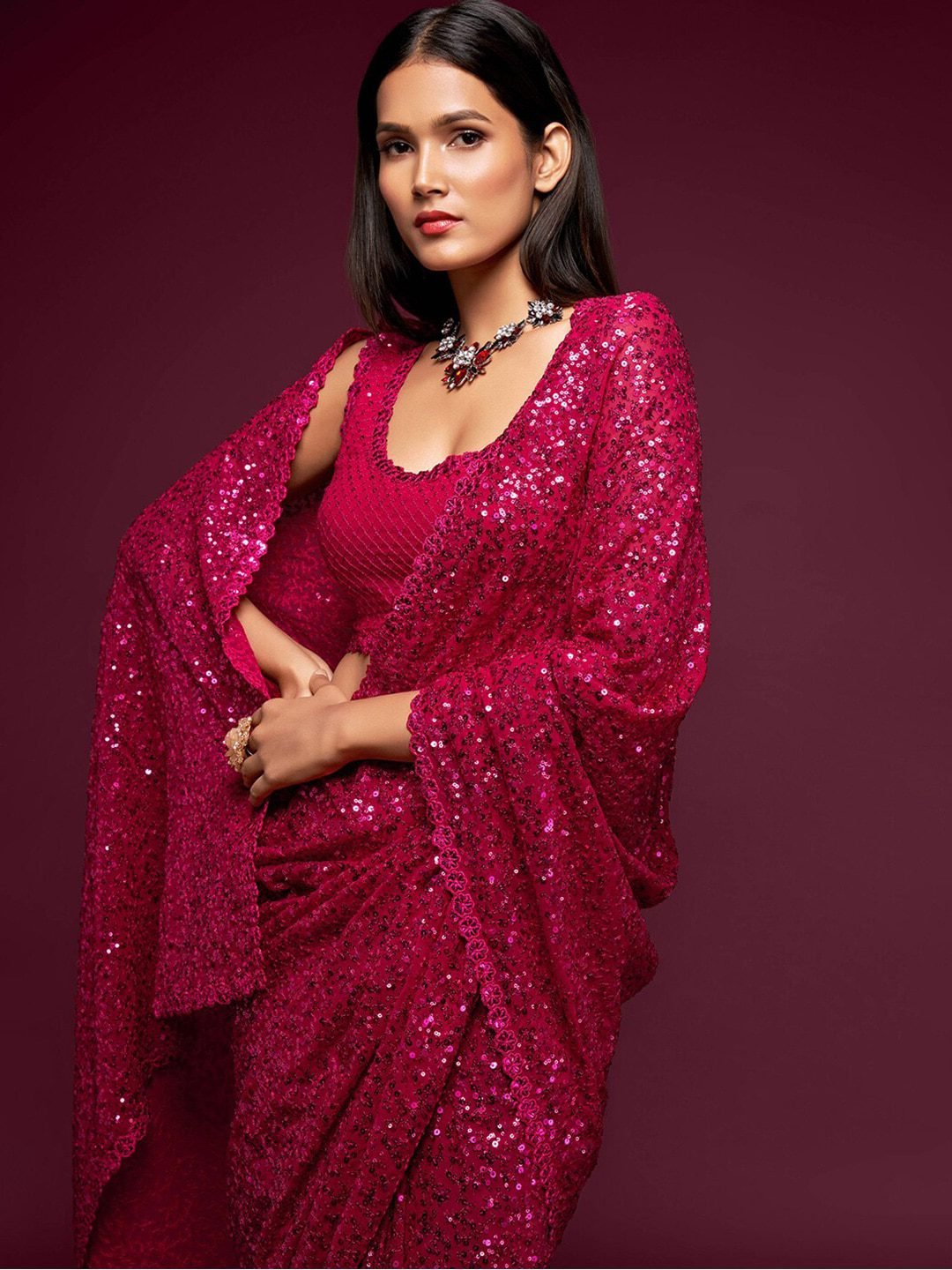 Hot Pink Fully Sequined Georgette Party Wear Saree