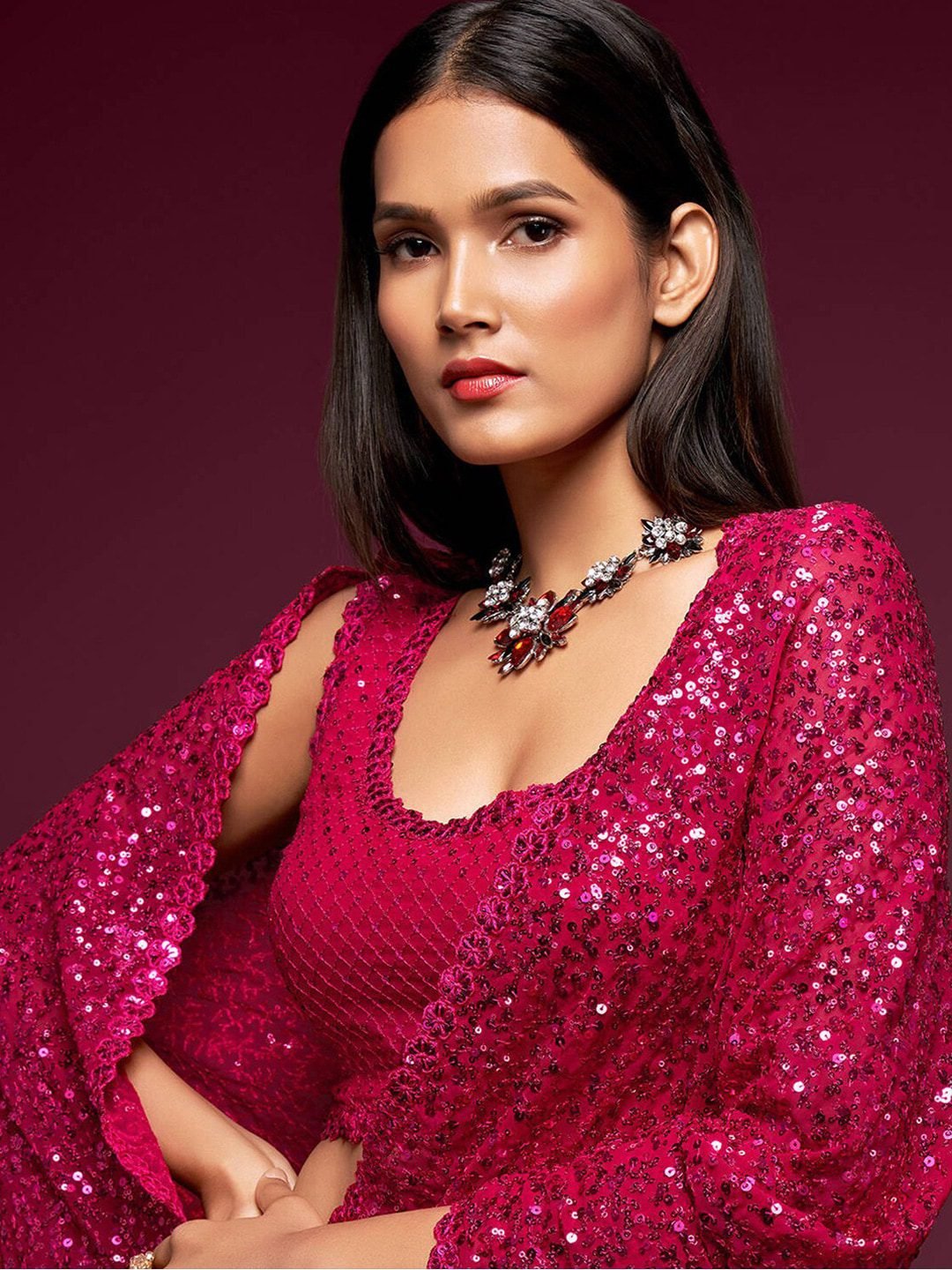 Hot Pink Fully Sequined Georgette Party Wear Saree