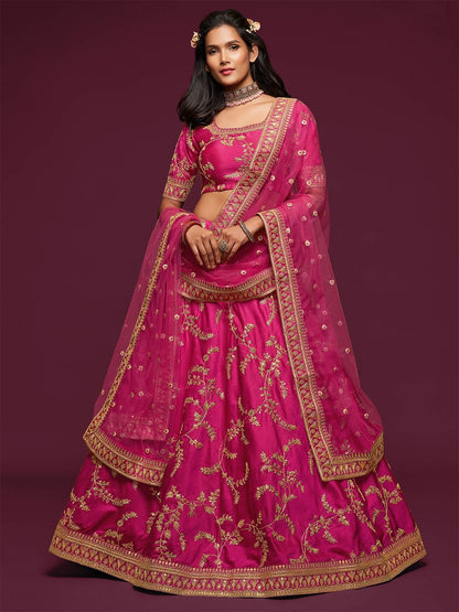 Embroidered Dark Pink Semi-Stitched Lehenga & Unstitched Blouse With Dupatta