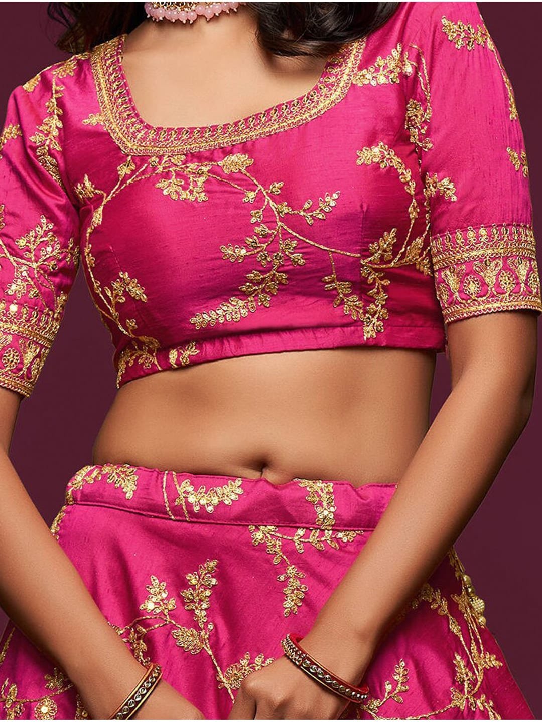 Embroidered Dark Pink Semi-Stitched Lehenga & Unstitched Blouse With Dupatta