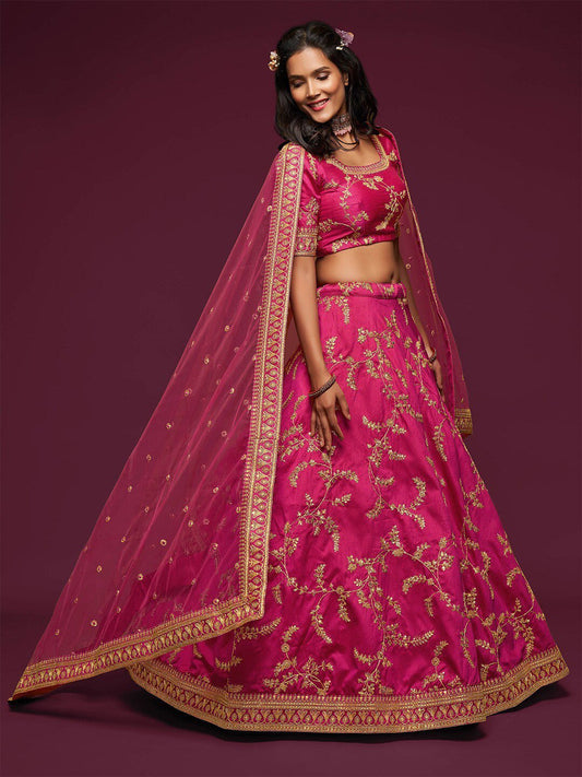 Embroidered Dark Pink Semi-Stitched Lehenga & Unstitched Blouse With Dupatta