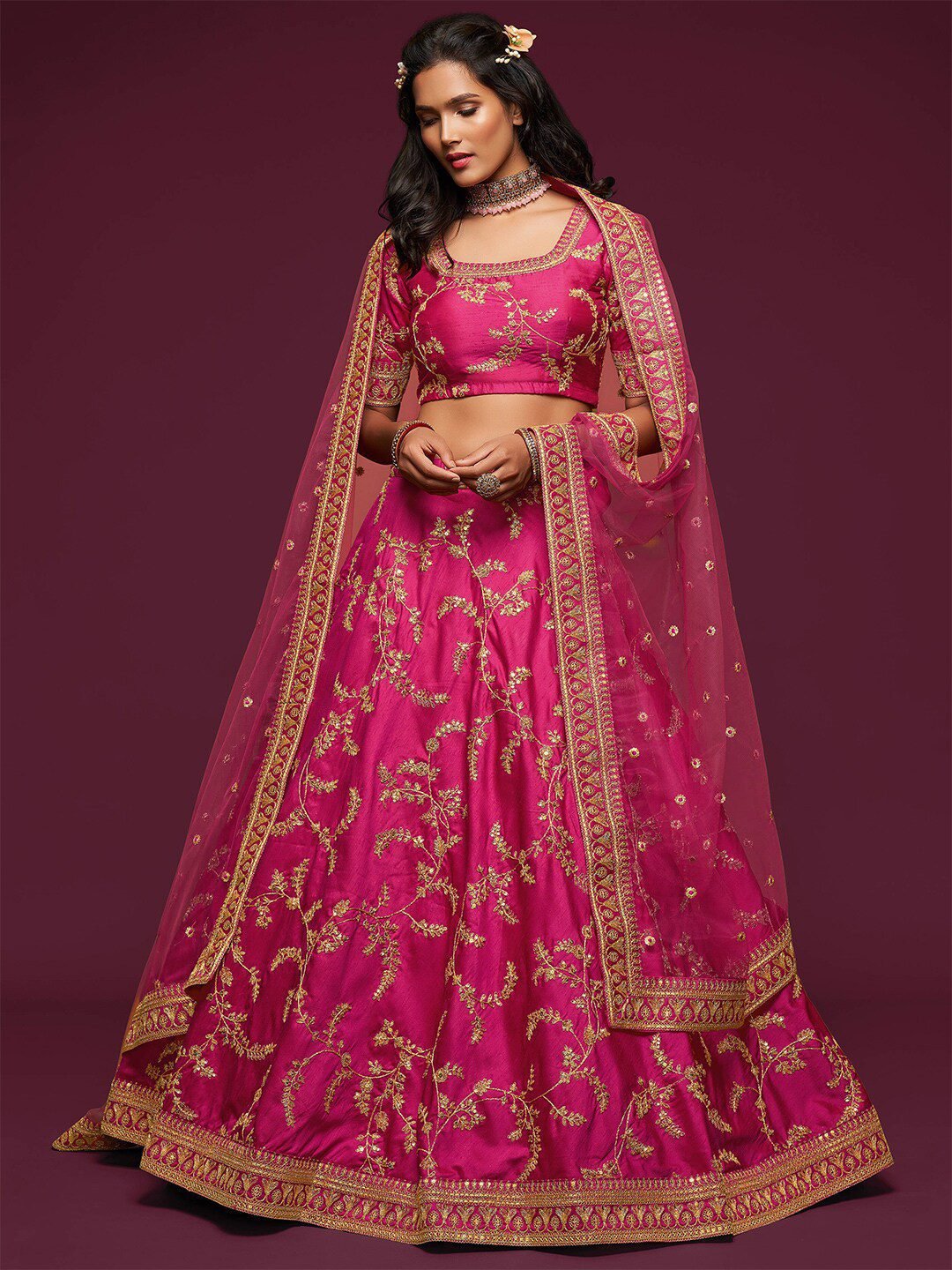 Embroidered Dark Pink Semi-Stitched Lehenga & Unstitched Blouse With Dupatta