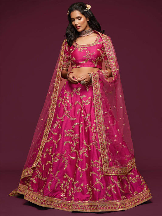 Embroidered Dark Pink Semi-Stitched Lehenga & Unstitched Blouse With Dupatta