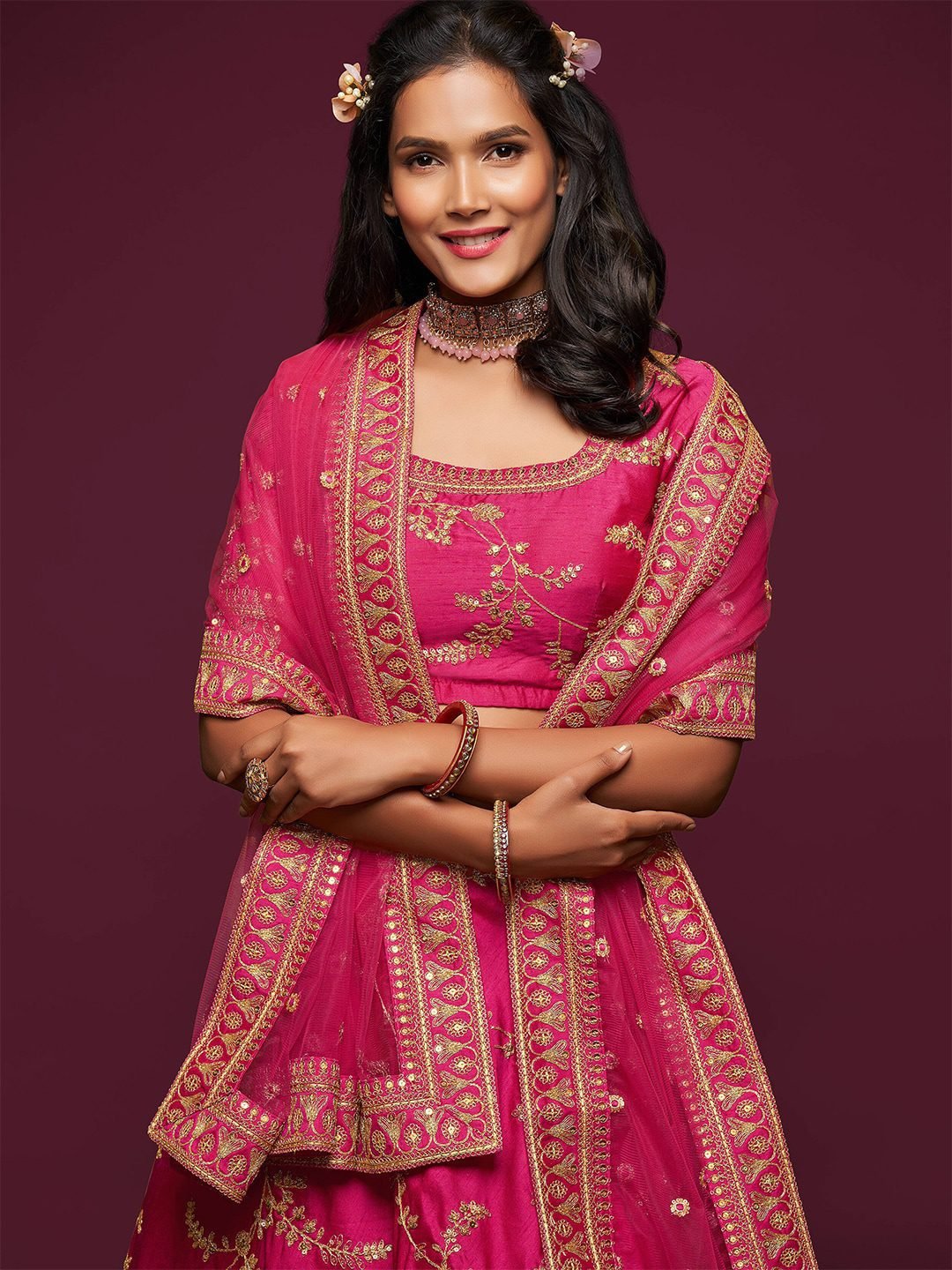 Embroidered Dark Pink Semi-Stitched Lehenga & Unstitched Blouse With Dupatta