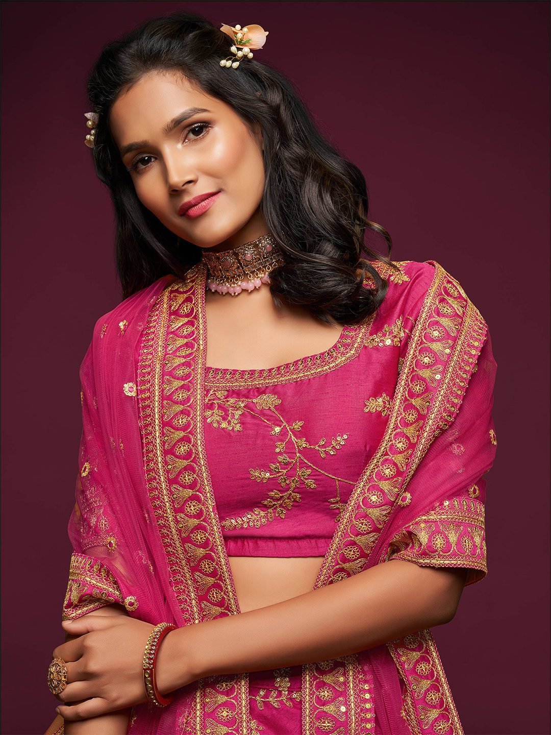 Embroidered Dark Pink Semi-Stitched Lehenga & Unstitched Blouse With Dupatta