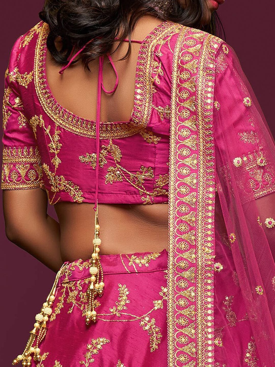 Embroidered Dark Pink Semi-Stitched Lehenga & Unstitched Blouse With Dupatta