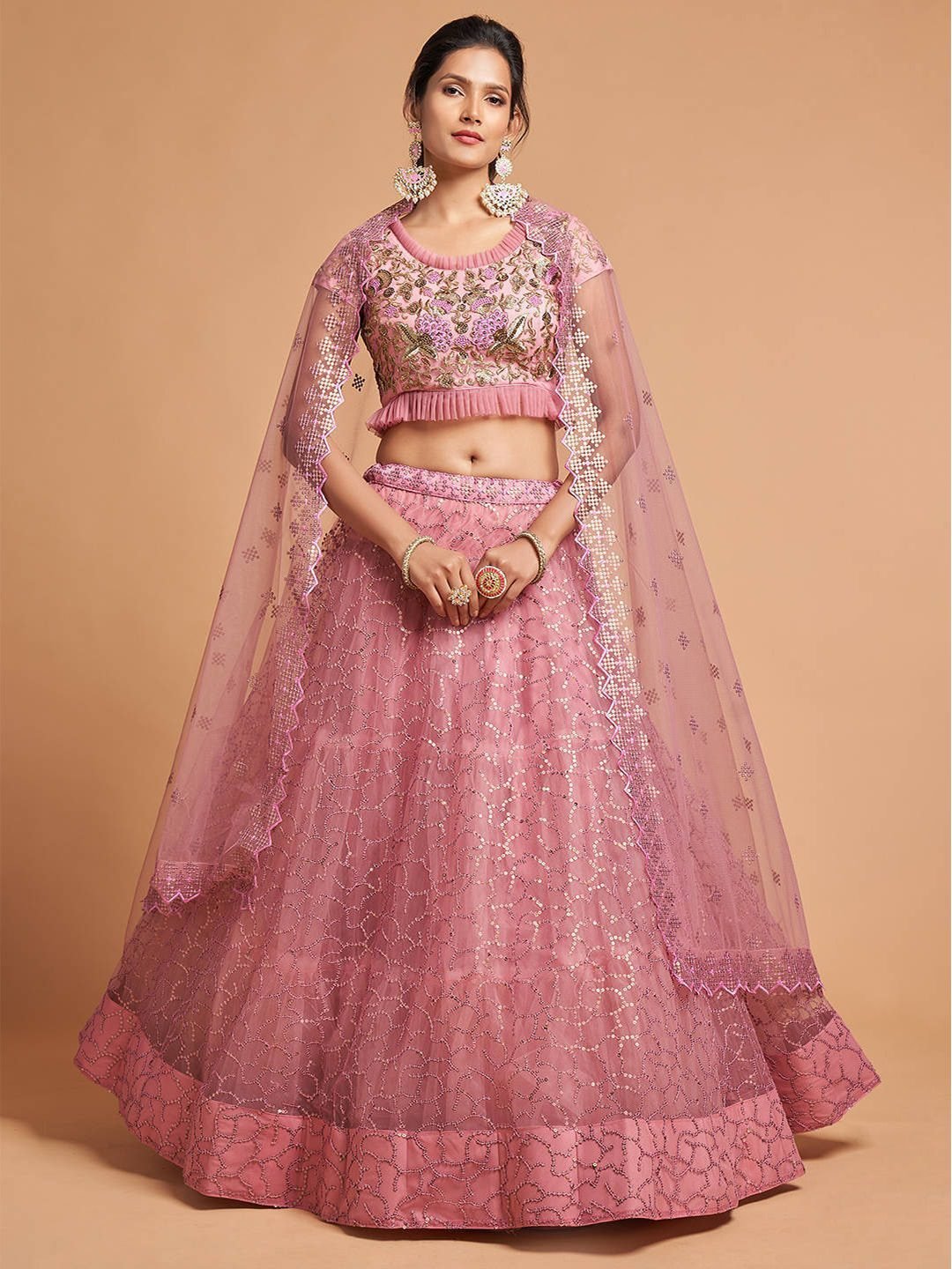 Pink & Gold-Toned Embroidered Kalamkari Semi-Stitched Lehenga &amp; Unstitched Blouse With Dupatta