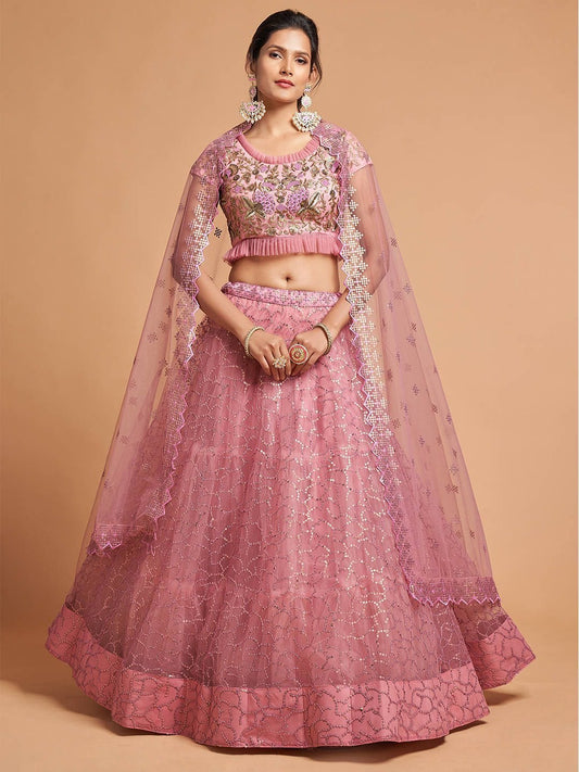 Pink & Gold-Toned Embroidered Kalamkari Semi-Stitched Lehenga &amp; Unstitched Blouse With Dupatta