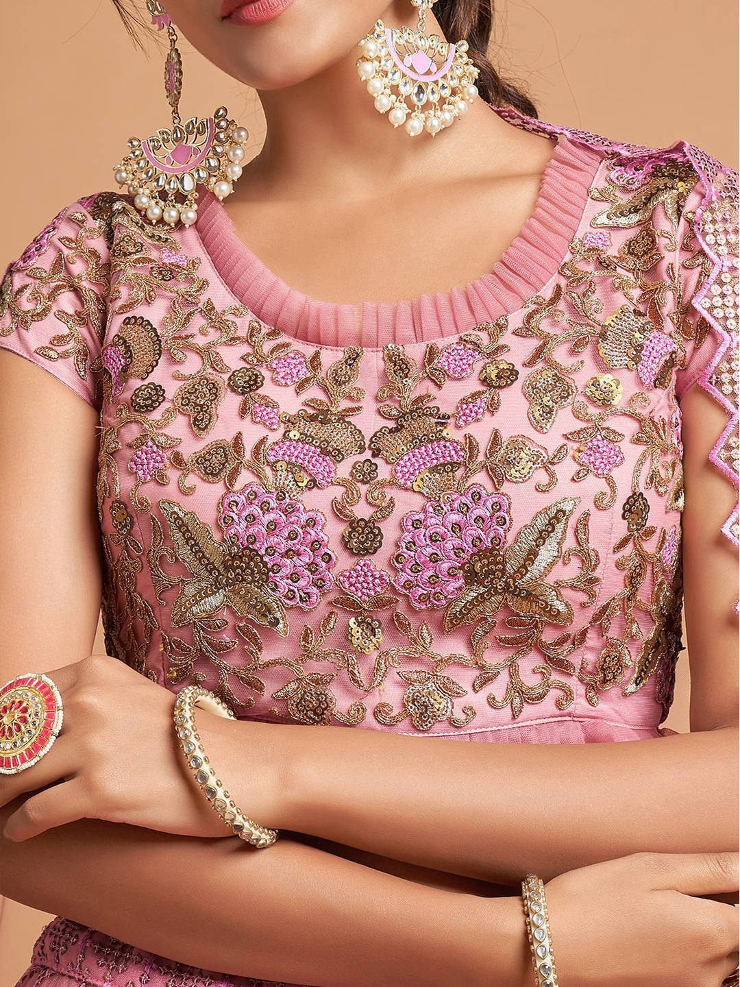 Pink & Gold-Toned Embroidered Kalamkari Semi-Stitched Lehenga &amp; Unstitched Blouse With Dupatta