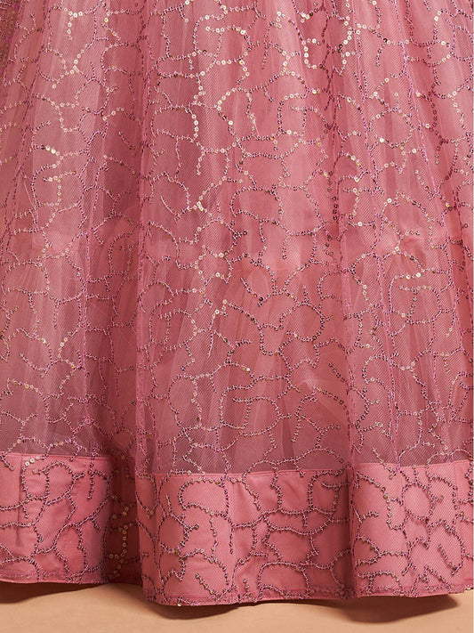 Pink & Gold-Toned Embroidered Kalamkari Semi-Stitched Lehenga &amp; Unstitched Blouse With Dupatta