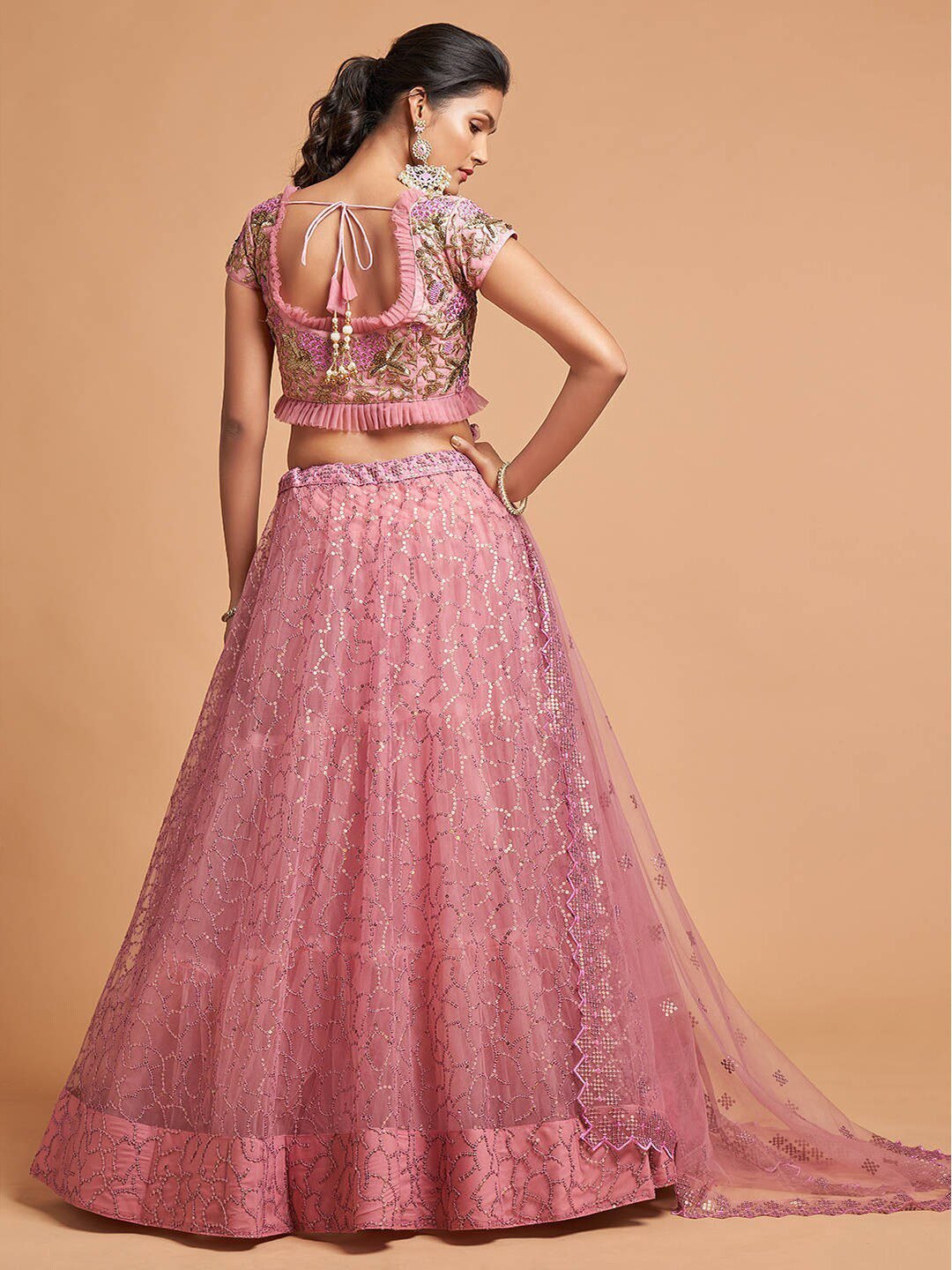Pink & Gold-Toned Embroidered Kalamkari Semi-Stitched Lehenga &amp; Unstitched Blouse With Dupatta