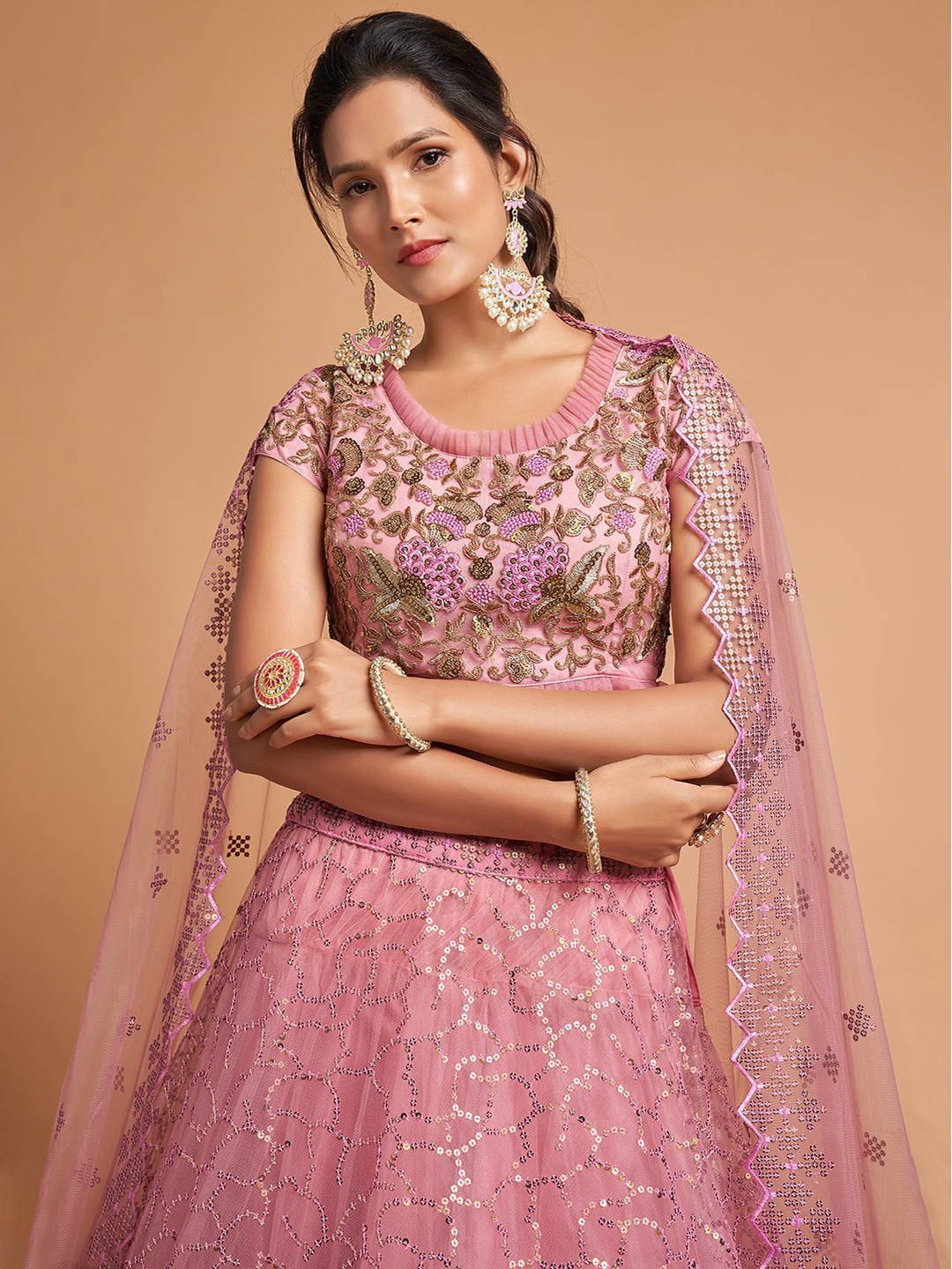 Pink & Gold-Toned Embroidered Kalamkari Semi-Stitched Lehenga &amp; Unstitched Blouse With Dupatta