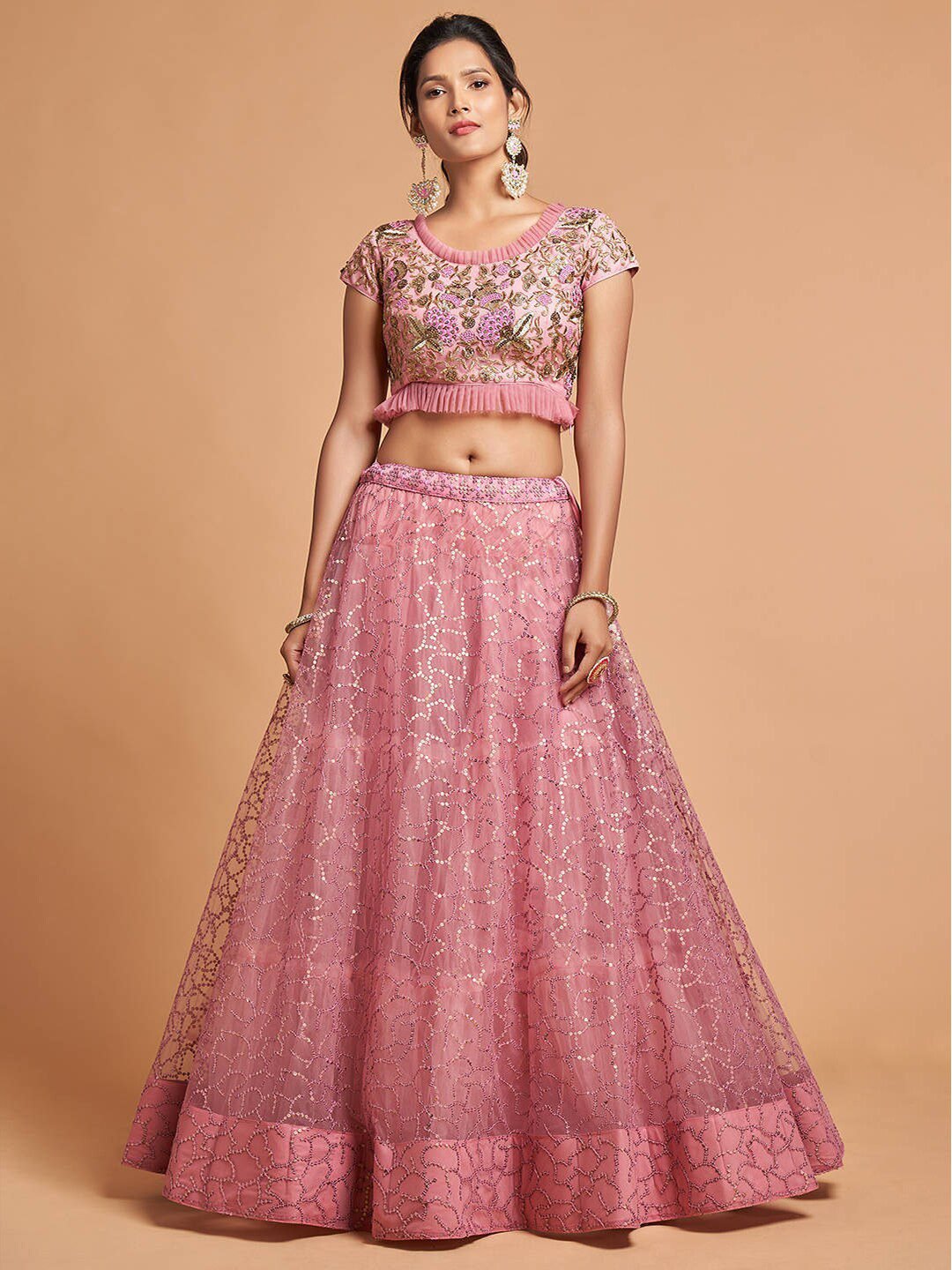 Pink & Gold-Toned Embroidered Kalamkari Semi-Stitched Lehenga &amp; Unstitched Blouse With Dupatta