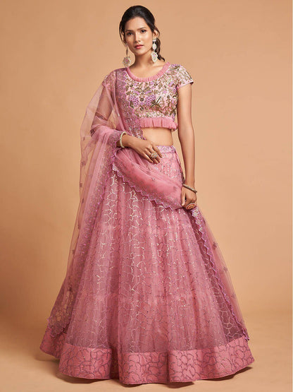 Pink & Gold-Toned Embroidered Kalamkari Semi-Stitched Lehenga &amp; Unstitched Blouse With Dupatta