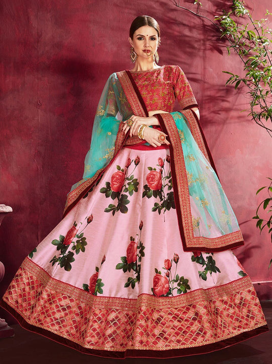 Pink & Green Embroidered Semi-Stitched Lehenga & Unstitched Blouse With Dupatta